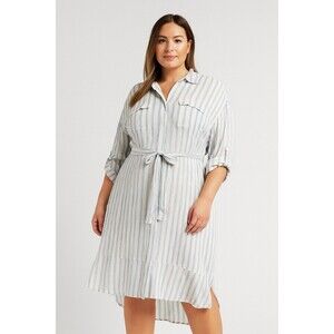 City Chic Shirt Dress L/20 White & Blue Stripes Crinkle Fabric Casual Tab Sleeve